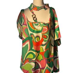 Abstract Bright Geometric 2X  Halter Collar Short Sleeve Gold Buckle Y2K Blouse